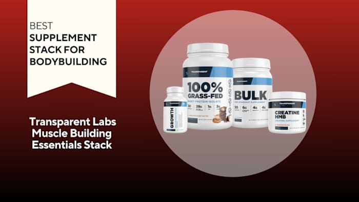 Four tubs against a red background. One says "Growth," another says "100% Grass-Fed Whey," the third days "Bulk," and the fourth says "Creatine HMB"